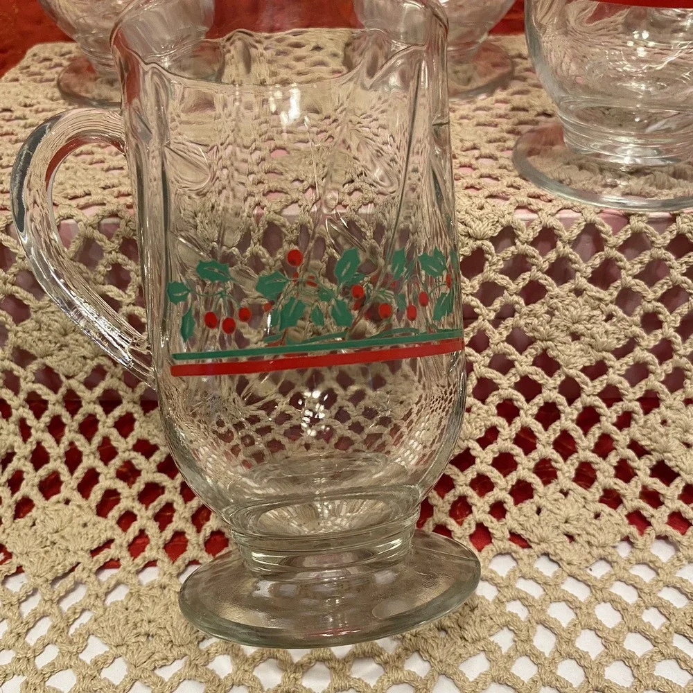 Libbey Christmas Holly and Ribbon Irish Coffee or Tea‎ Glass Mug Cup Set of 5